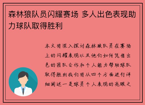 森林狼队员闪耀赛场 多人出色表现助力球队取得胜利